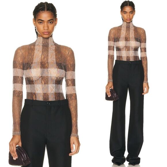 Burberry Checked Stretch-Knit Long Sleeve High Neck Bodysuit in Dark Birch Brown - Picture 4 of 17